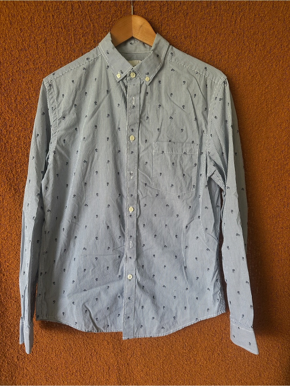 Men's Light Blue Striped Button-Down Shirt with Small Roses